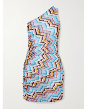 Missoni One-Shoulder Gathered Metallic Striped Crochet-Knit Mini Dress - Blue