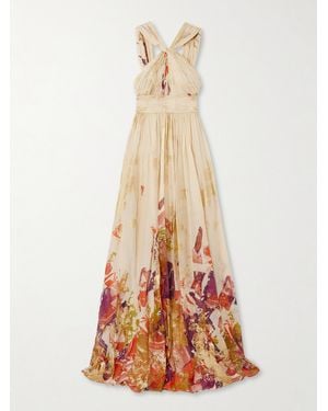 Zuhair Murad Antique Shard Metallic Printed Silk-Chiffon Gown - White