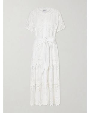 Miguelina Romilly Belted Embroidered Cotton And Linen-Blend Midi Dress - Blanc