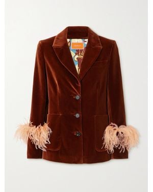 La DoubleJ Keaton Feather-Trimmed Cotton-Velvet Blazer - Brown