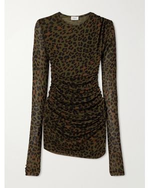Saint Laurent Draped Leopard-Print Tulle Mini Dress - Green