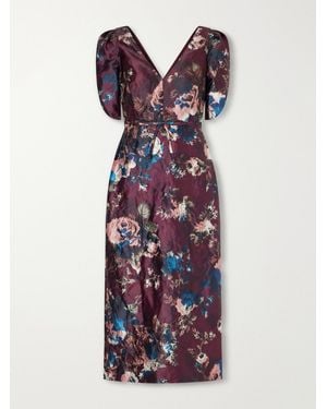 Erdem Belted Floral-Print Crinkled Satin Midi Dress - Purple
