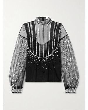 Zuhair Murad Haut À Col Montant En Tulle À Plis Nervures Et À Ornements - Noir
