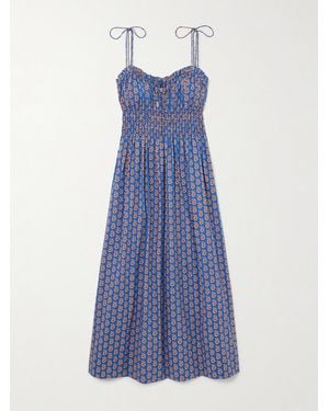 Doen Rhoda Shirred Paisley-Print Organic Cotton-Poplin Midi Dress - Blue
