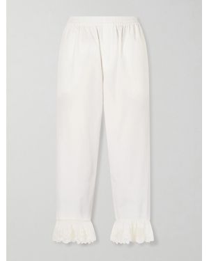 Saint Laurent Cropped Ruffled Lace-Trimmed Cotton-Poplin Straight-Leg Pants - White