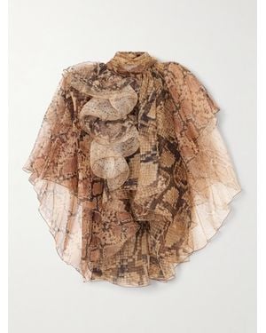 Zimmermann Blouse En Mousseline De Soie À Imprimé Serpent, Volants Et Superposition - Neutre