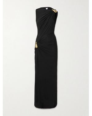Bottega Veneta Gathered Embellished Crepe-Jersey Maxi Dress - Black