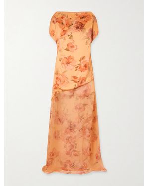 Dima Ayad Floral-Print Chiffon-Trimmed Satin Gown - Orange