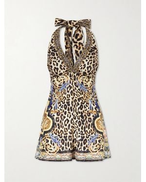 CAMILLA Embellished Printed Silk Halterneck Playsuit - White