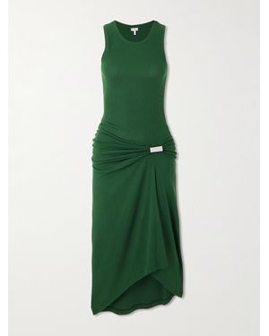 Loewe Asymmetric Ruched Ribbed Stretch-Cotton Jersey Dress - Green