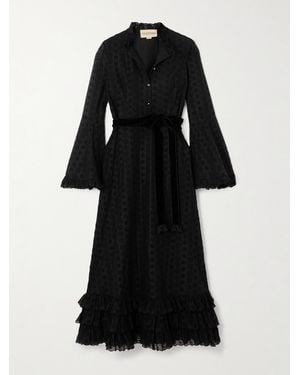 Valentino Garavani Belted Tiered Velvet-Trimmed Broderie Anglaise Cotton Midi Dress - Black