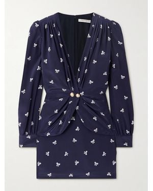 Alessandra Rich Wrap-Effect Embellished Pleated Printed Silk Crepe De Chine Mini Dress - Blue