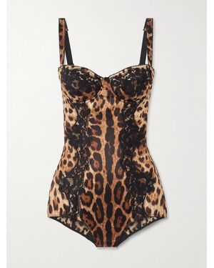 Dolce & Gabbana Lace-Trimmed Leopard-Print Silk-Blend Satin Bodysuit - Brown