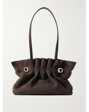 Ferragamo Small Embellished Gathered Ribbed Suede Shoulder Bag - White