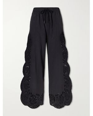 Sea Vittoria Broderie Anglaise-Trimmed Shell Wide-Leg Trousers - Blue