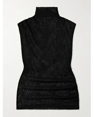 Veronica Beard Mylie Ruched Stretch-Lace Turtleneck Top - Black