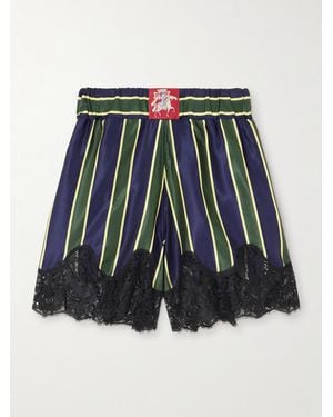 Conner Ives Appliquéd Lace-Trimmed Striped Cotton And Silk-Blend Satin Shorts - Blue