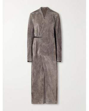 Rick Owens Belted Paneled Suede Wrap Coat - Gray