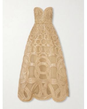 Elie Saab Strapless Sequin-Embellished Raffia-Trimmed Tulle Midi Dress - Natural