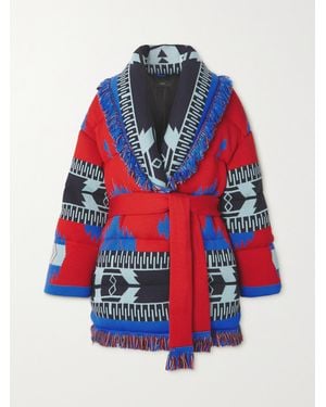Alanui Icon Belted Fringed Quilted Wool-Jacquard Down Jacket - Red