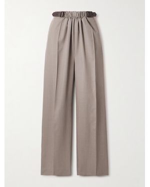 Loewe Leather-Trimmed Pleated Wool-Twill Straight-Leg Trousers - Natural
