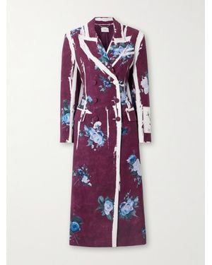 Erdem Double-Breasted Floral-Print Satin Coat - Purple