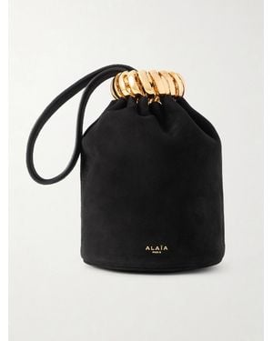 Alaïa Leather And-Tone Trimmed Suede Bucket Bag - Black