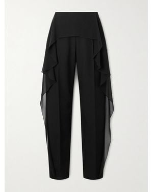 Lanvin Layered Wool-Twill And Ruffled Silk-Chiffon Slim-Leg Trousers - Black