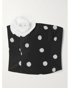 BERNADETTE Lena Cropped Appliquéd Polka-Dot Taffeta Bustier Top - Black