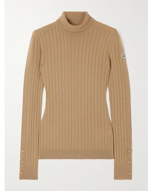 Moncler Button-Detailed Appliquéd Ribbed Wool And Cashmere-Blend Turtleneck Jumper - Natural