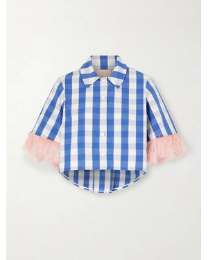Marta Ferri Picnic Cropped Checked Feather-Trimmed Cotton-Blend Blouse - Blue