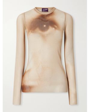 Jean Paul Gaultier Face Printed Mesh Blouse - Natural