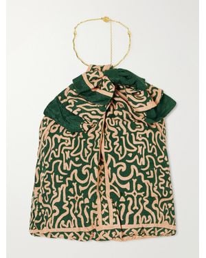 Johanna Ortiz Southern Reverie Bow-Detailed Embellished Satin-Jacquard Top - Green
