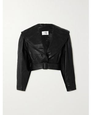 FRAME Cropped Belted Textured-Leather Jacket - Black