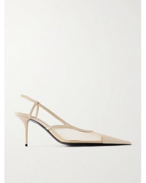 Saint Laurent Renée Cassandre-Embroidered Patent Leather-Trimmed Mesh Slingback Pumps - White