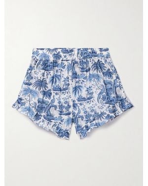 STAUD Boyana Ruffled Gathered Cotton-Voile Shorts - Blue
