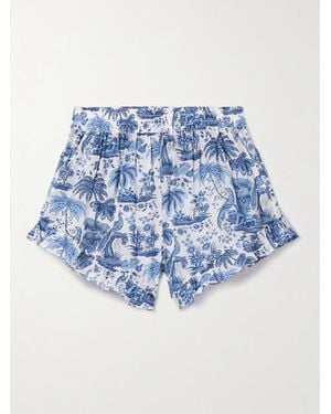 STAUD Boyana Ruffled Gathered Cotton-Voile Shorts - Blue