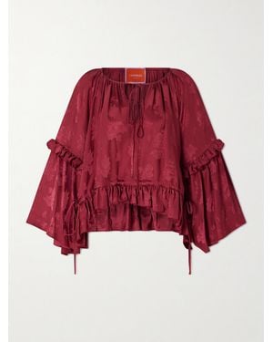 La DoubleJ Boho Asymmetric Ruffled Satin-Jacquard Blouse - Red