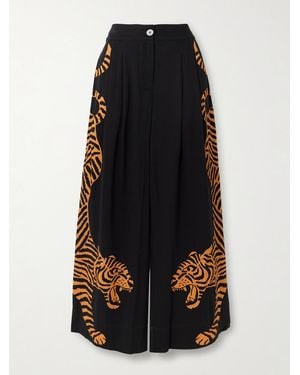 FARM Rio Printed Twill Wide-Leg Trousers - Black