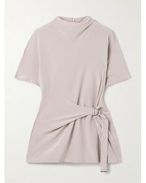 Brunello Cucinelli Buckle-Embellished Draped Silk Crepe De Chine Top - Natural