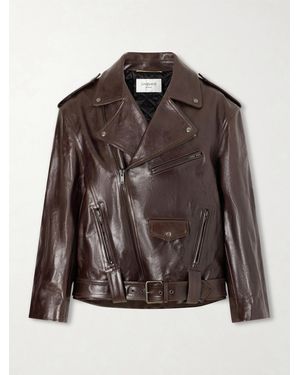 Saint Laurent Glossed Textured-Leather Biker Jacket - Brown