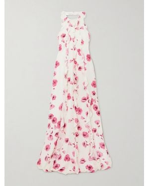 Emilia Wickstead Fleurine Ruffled Floral-Print Silk Crepe De Chine Halterneck Gown - Pink
