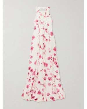 Emilia Wickstead Robe Du Soir Dos Nu En Crêpe De Chine De Soie À Imprimé Fleuri Et À Volants Fleurine - Rose
