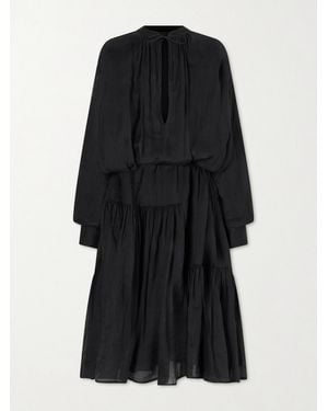 Dries Van Noten Pleated Ramie-Mousseline Midi Dress - Black