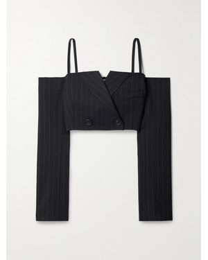 Monse Cropped Cold-Shoulder Pinstriped Wool-Blend Twill Jacket - Black