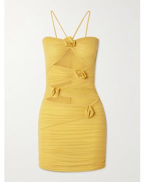 Maygel Coronel Coari Appliquéd Ruched Cutout Stretch-Jersey Halterneck Mini Dress - Yellow