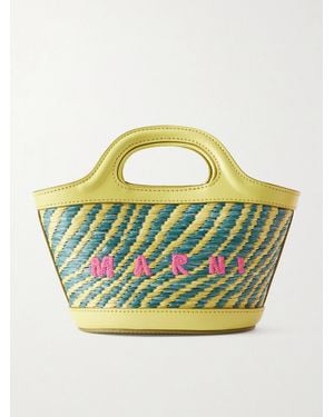 Marni Tropicalia Micro Leather And Embroidered Raffia-Like Tote - Blue