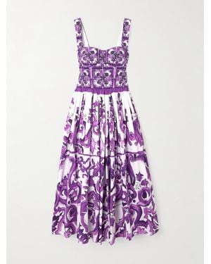 Dolce & Gabbana Robe Midi En Popeline De Coton Imprimée À Fronces - Violet