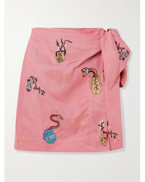 ALÉMAIS Nadia Hernandez Timmy Wrap-Effect Embroidered Linen Mini Skirt - Pink