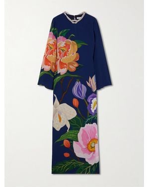 Borgo De Nor Capucine Embellished Floral-Print Crepe De Chine Maxi Dress - Blue